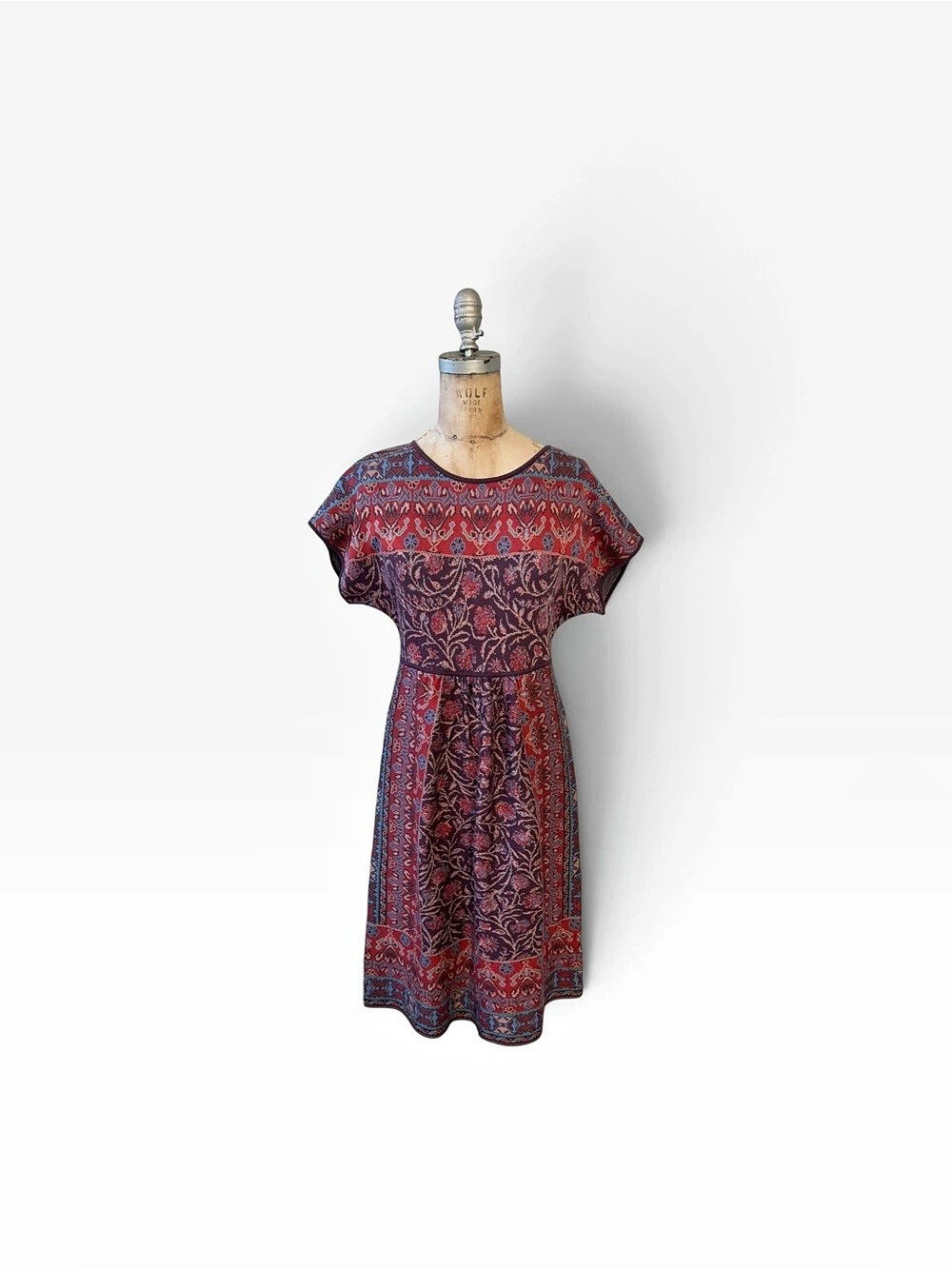 Peruvian Connection Pima Cotton Jacquard Knit Floral Midi Dress in Red & Blue S